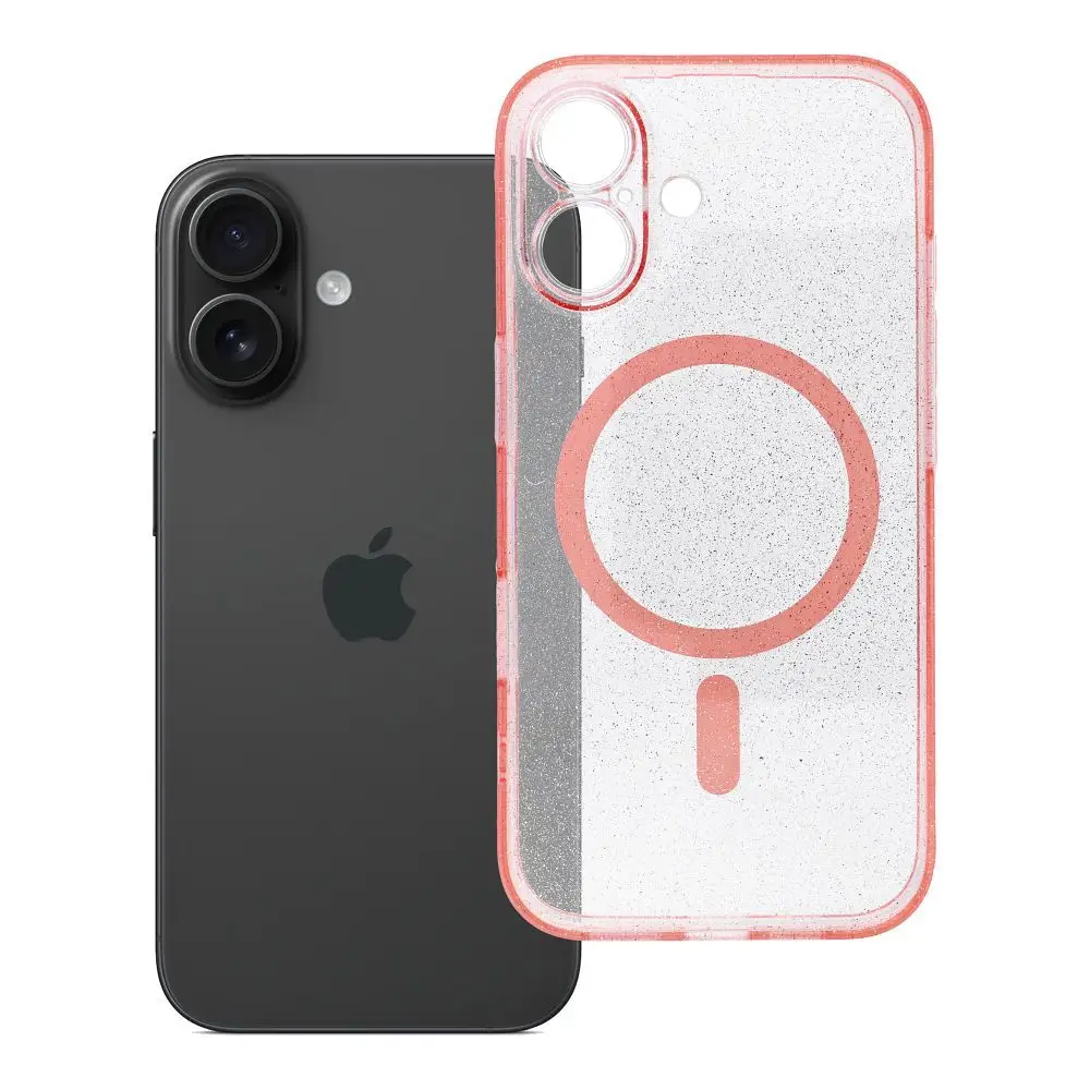 Ohišje za iPhone 16 Clear Mag Cover (STR / CAMERA PROTECTION), združljivo z MagSafe, roza z bleščicami
