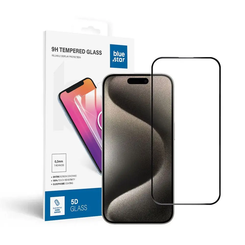 Kaljeno steklo za iPhone 15 PRO (full glue) Blue Star 5D, črno
