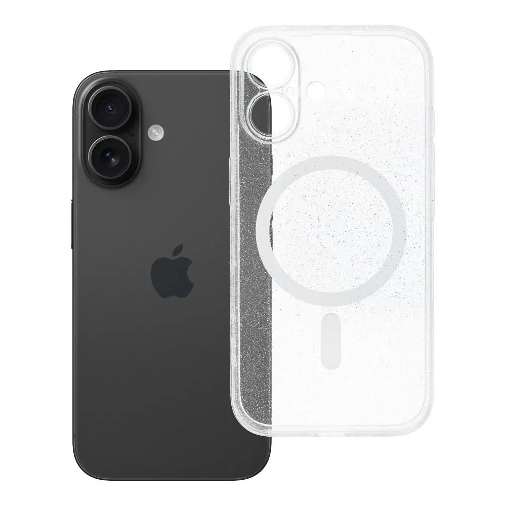 Ovitek za iPhone 16 Clear Mag Cover (STR / CAMERA PROTECTION), združljiv z MagSafe, prozoren z bleščicami