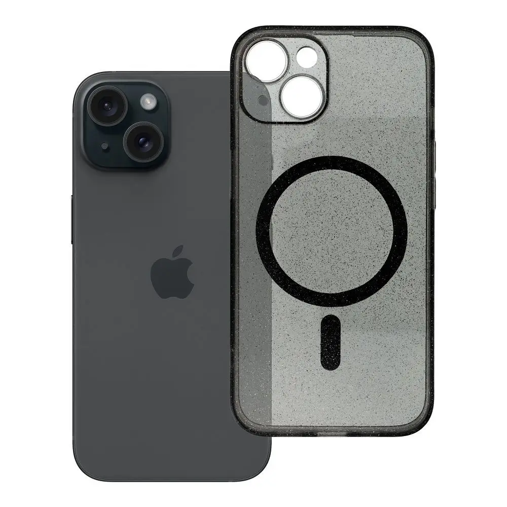 Ovitek za iPhone 14 Clear Mag Cover (STR / CAMERA PROTECTION), združljiv z MagSafe, črn z bleščicami