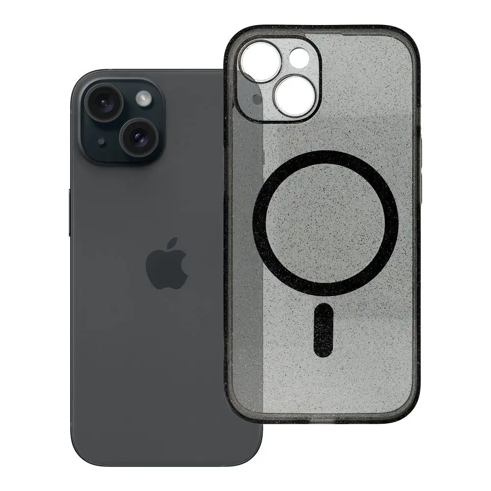 Ohišje za iPhone 15 Clear Mag Cover (STR / CAMERA PROTECTION), združljivo z MagSafe, črno z bleščicami