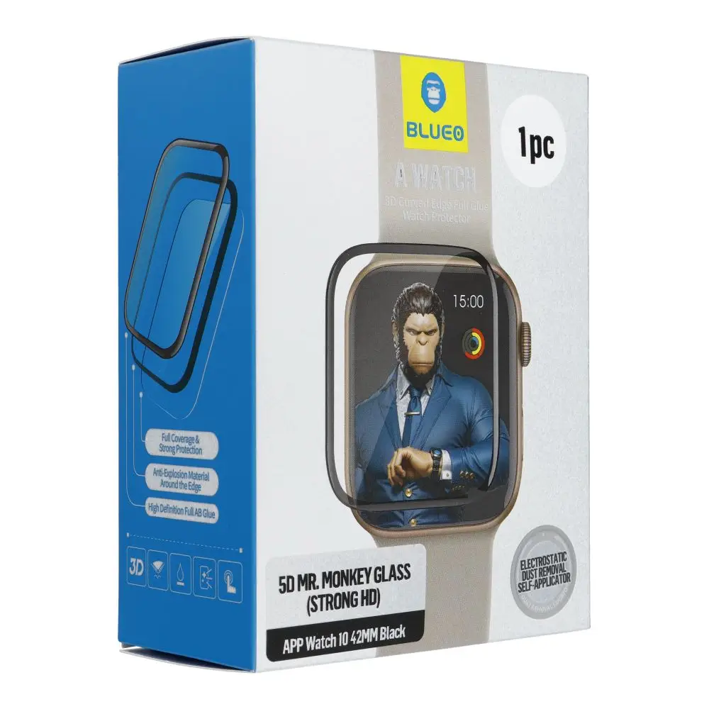 5D kaljeno steklo Mr. Monkey Glass – za Apple Watch 10/11 42 mm, črno (Anti-Static Strong HD)