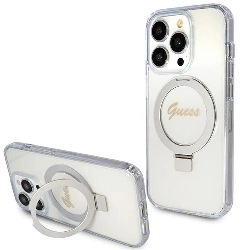 GUESS etui za iPhone 15 Pro, združljiv z MagSafe, GUHMP15LHRSGSD (Glitter Script Logo Ring stand), prozoren