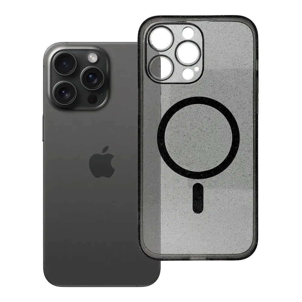 Ovitek za iPhone 14 PRO MAX Clear Mag Cover (STR / CAMERA PROTECTION), združljiv z MagSafe, črn z bleščicami