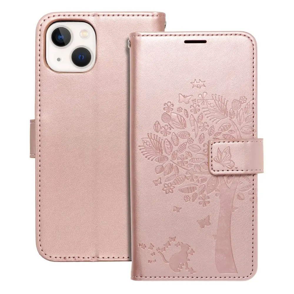 Torbica MEZZO Book za iPhone 13, les, zlato-roza