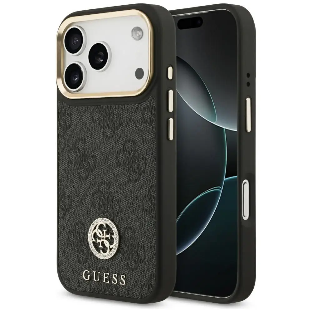 GUESS ovitek za iPhone 17 Pro, združljiv z MagSafe, GUHMP17LP4GRMDEK (PU z 4G Strass logotipom), črn