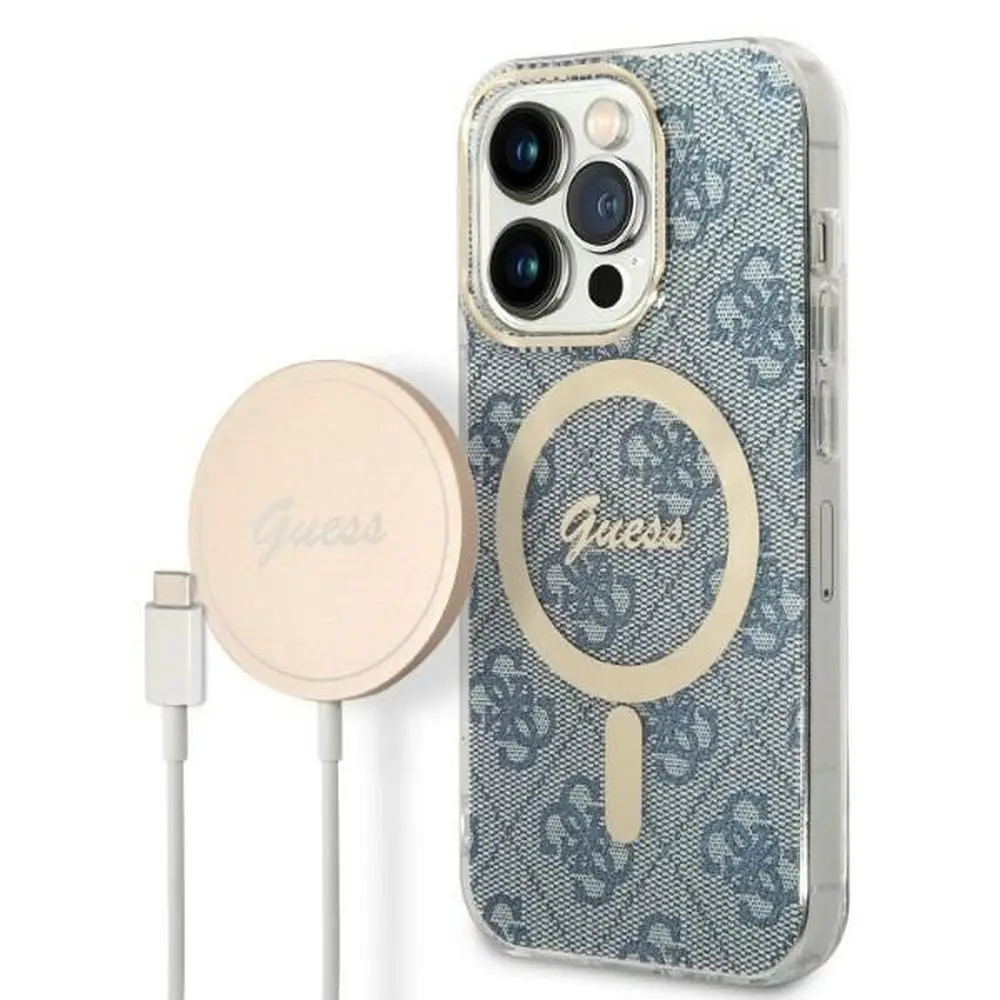 GUESS komplet za iPhone 14 Pro, združljiv z MagSafe, GUBPP14LH4EACSB (komplet / ovitek + polnilnik / 4G), zlato-modri