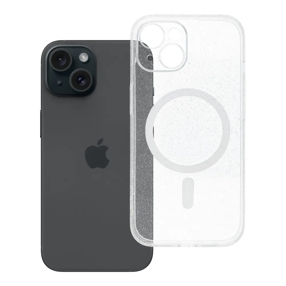 Ovitek za iPhone 15 Clear Mag Cover (STR / CAMERA PROTECTION), združljiv z MagSafe, prozoren z bleščicami