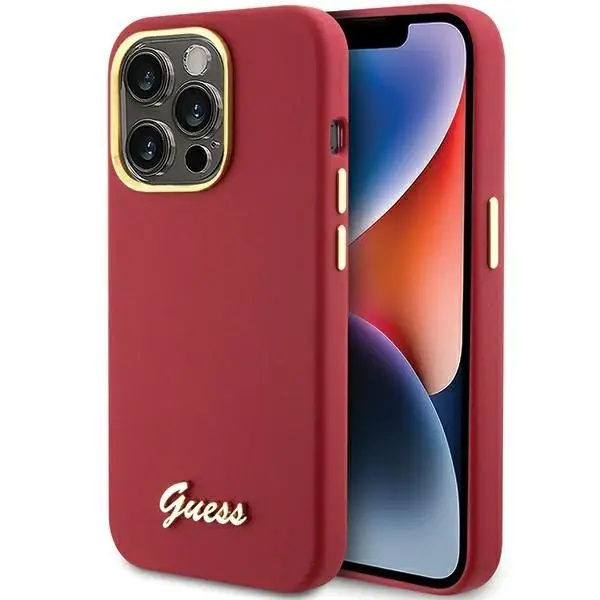 GUESS ovitek za iPhone 15 Pro GUHCP15LSMBSLM (silikonski z napisom, kovinskim logotipom in okvirjem) magenta