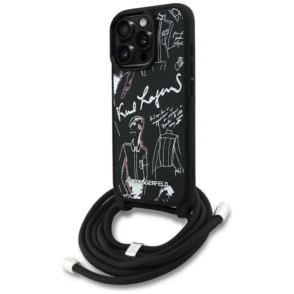 KARL LAGERFELD ovitek za IPHONE 16 PRO MAX KLHCP16XPGGRMPCK, združljiv z MagSafe (CRSSBY Grained PU z vzorcem in logotipom), črn