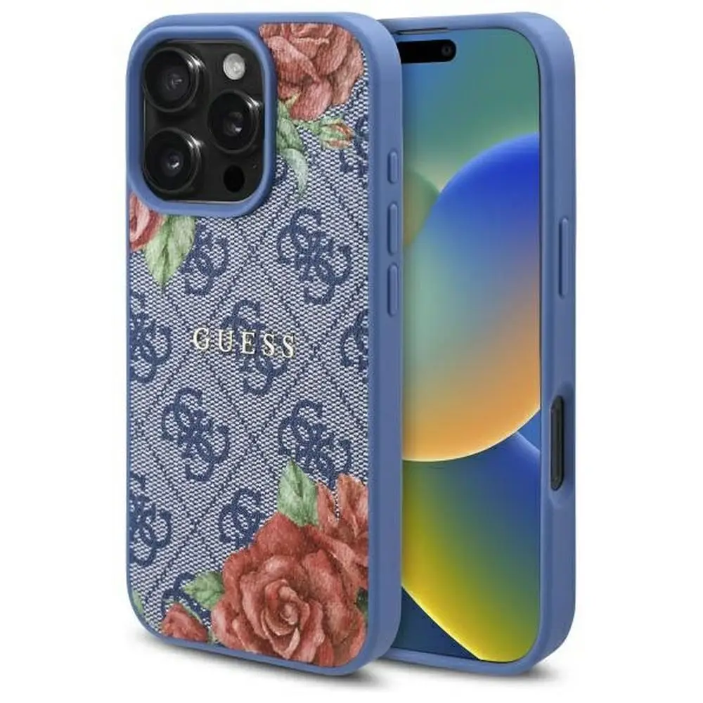 GUESS etui za iPhone 16 Pro, združljiv z MagSafe, GUHMP16LP4ROPEMCB (4G Flowers Print), modro