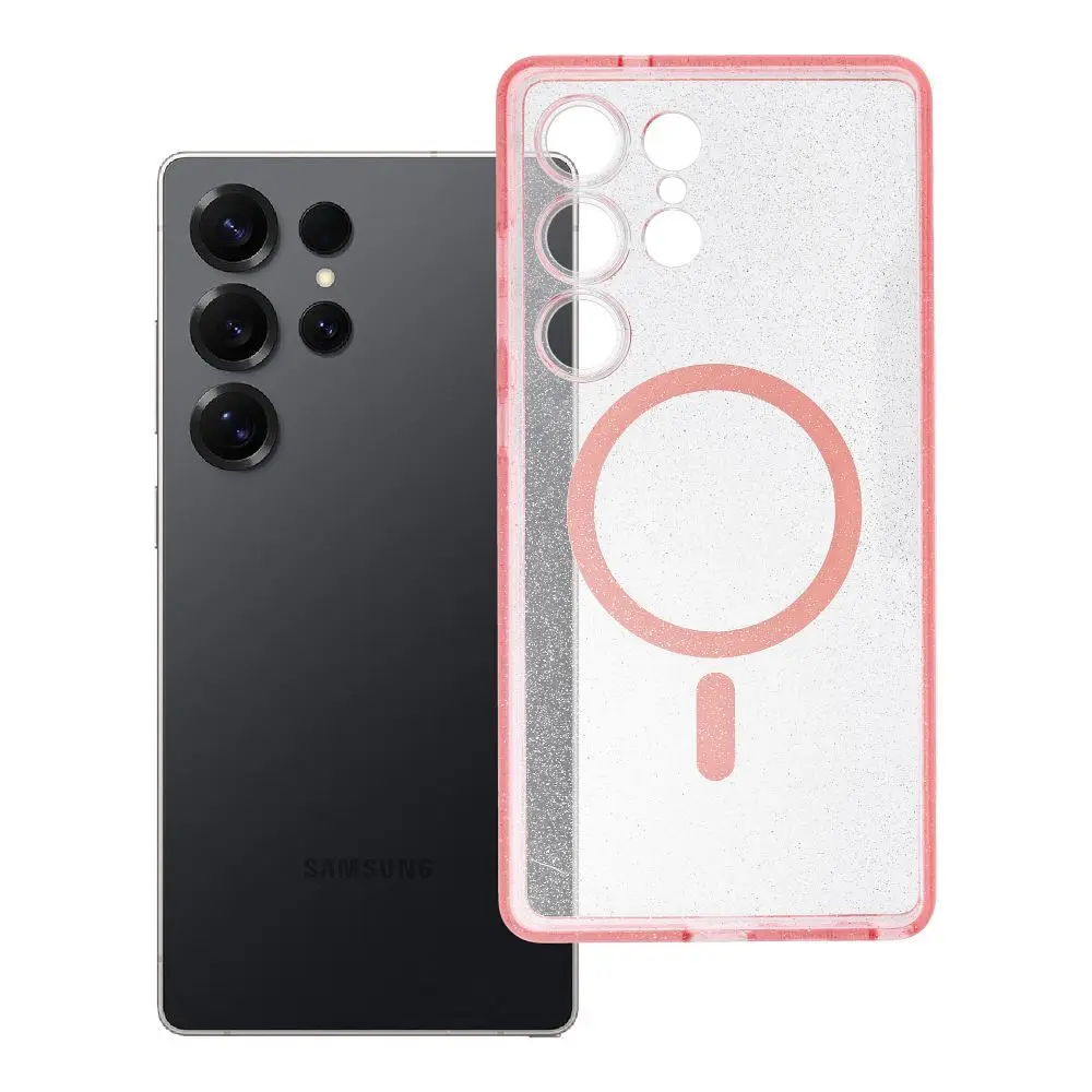 Ovitek za Samsung S25 ULTRA Clear Mag Cover (STR), združljiv z MagSafe, roza z bleščicami