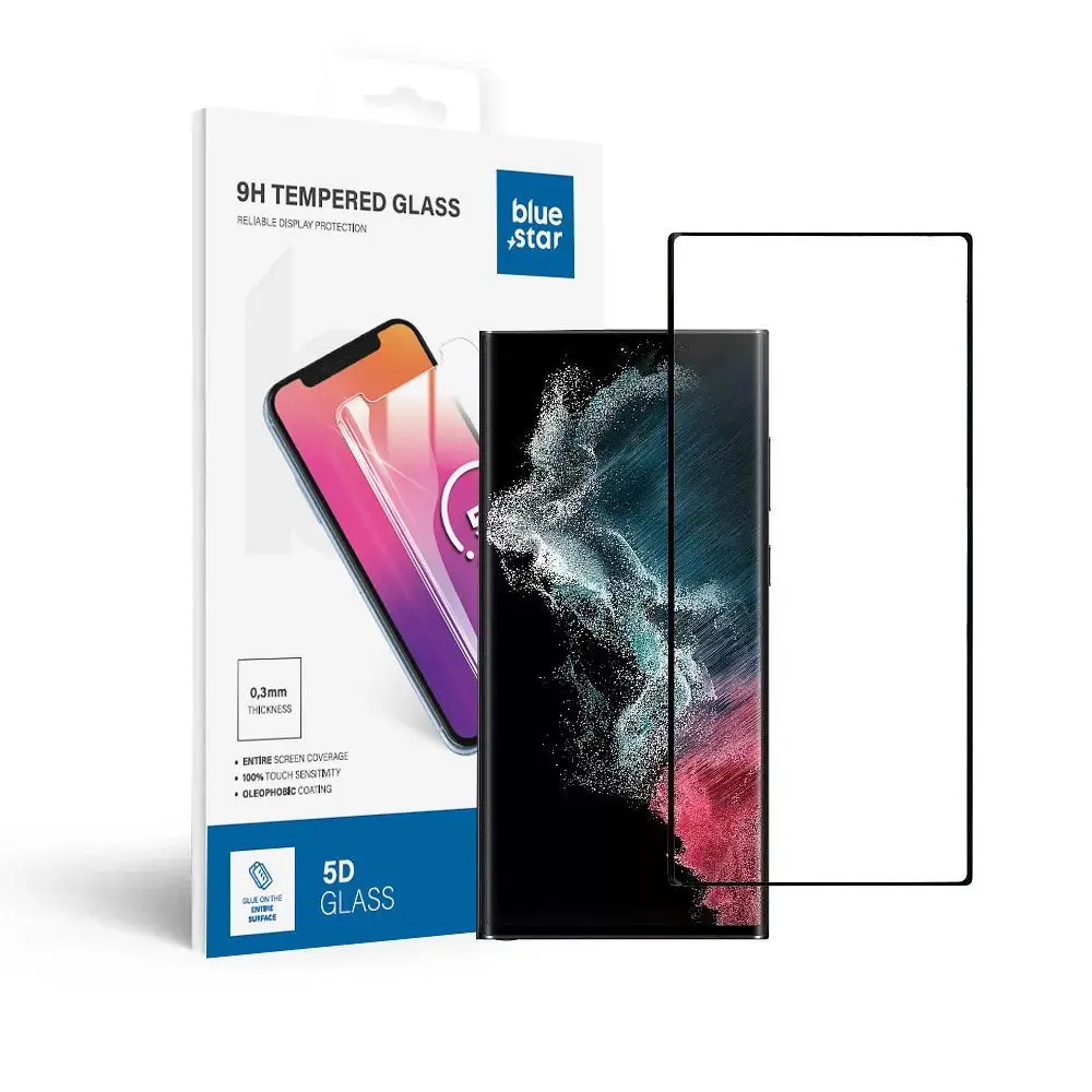Kaljeno steklo za Samsung Galaxy S22 ULTRA (full glue / združljivo z ovitkom) Blue Star 5D, črno