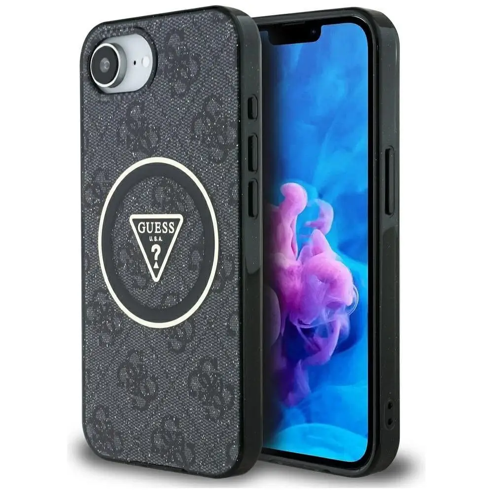 GUESS ovitek za IPHONE 16e (SE 4 2025), združljiv z MagSafe, GUHMPSE4HG4PRTGK (IML Metal Glitter 4G Circle Triangle), črn