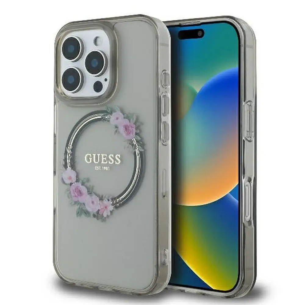 GUESS etui za iPhone 16 Pro, združljivo z MagSafe, GUHMP16LHFWFCK (IML Flowers Wreath), črno