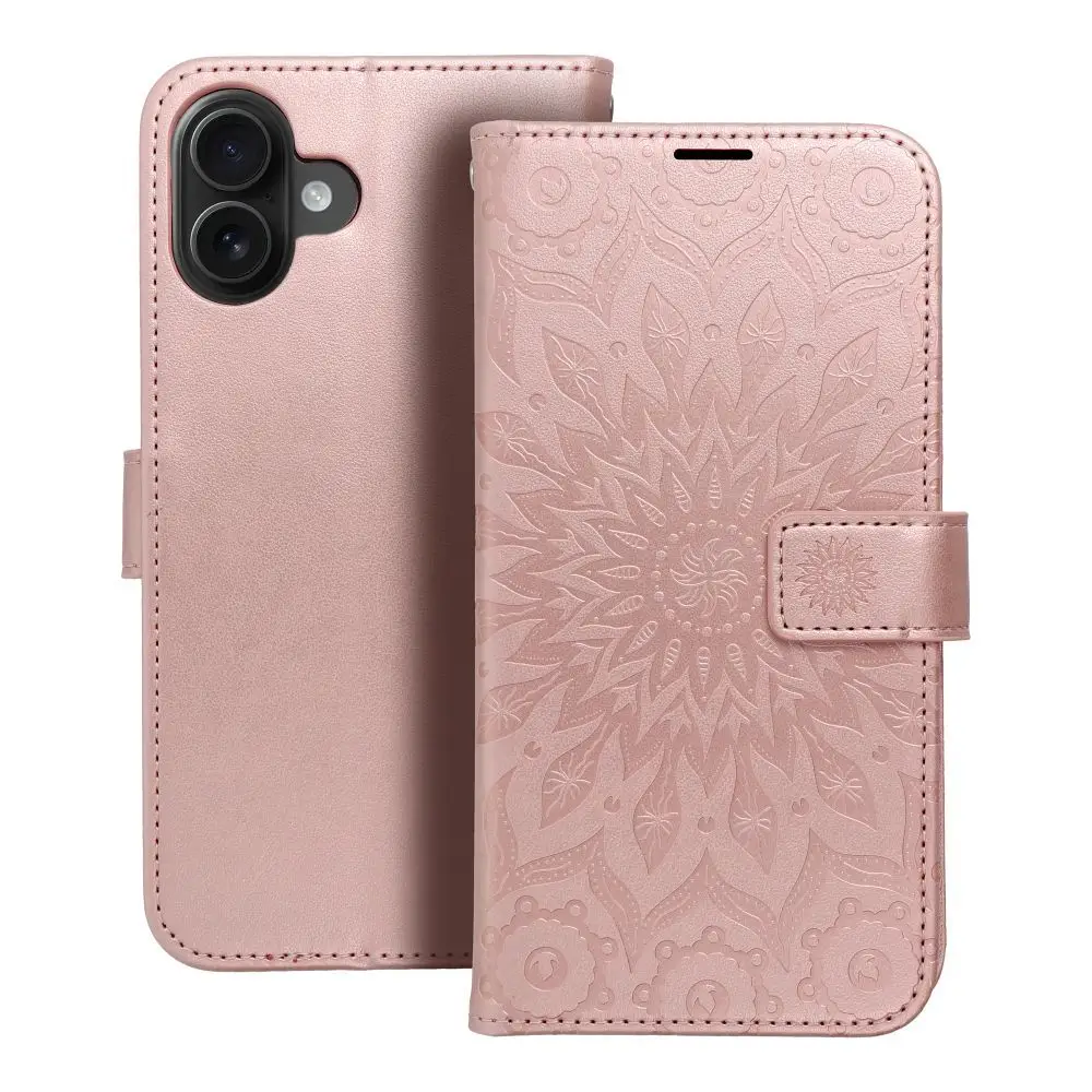 Torbica MEZZO Book za iPhone 16 Plus, mandala, zlato-roza