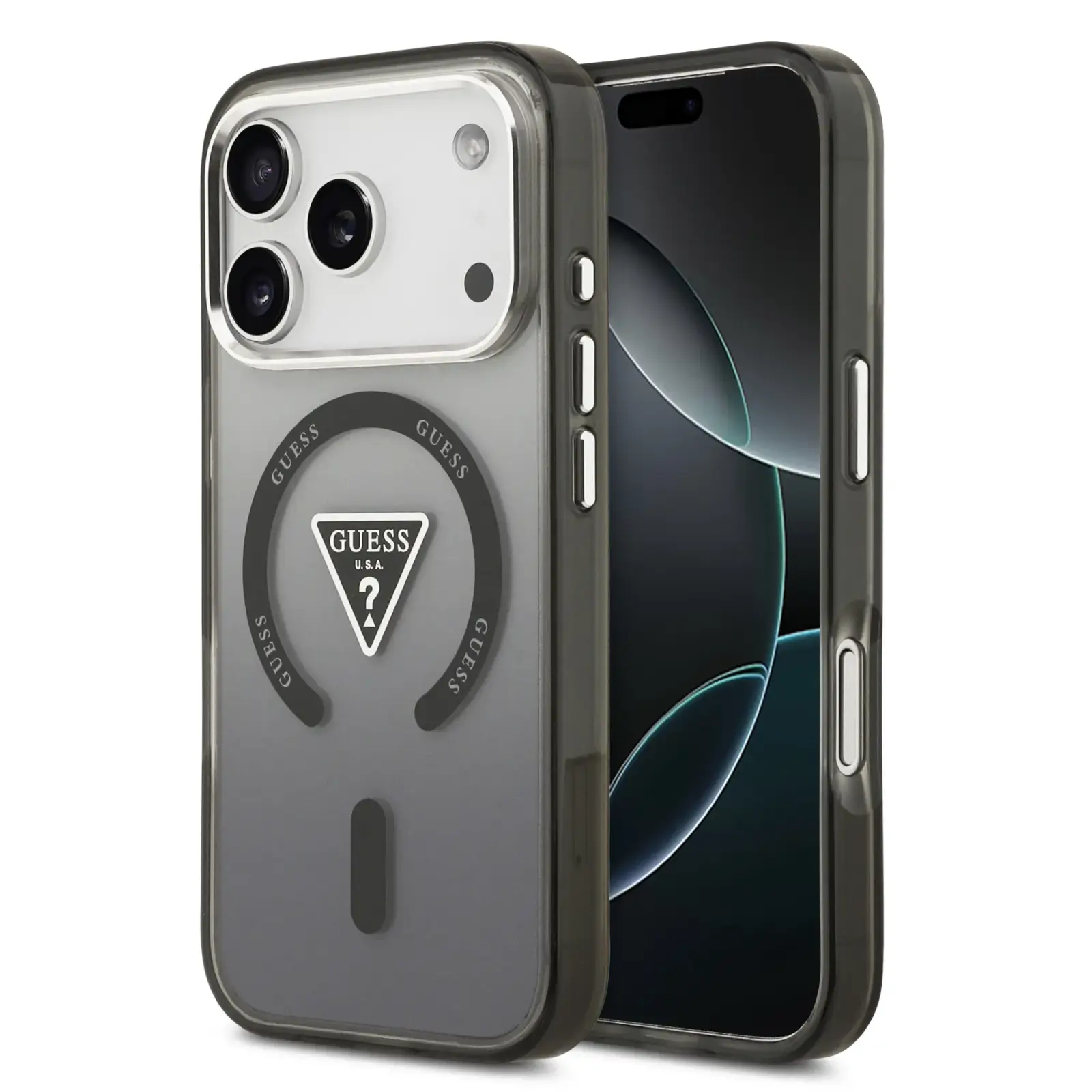 GUESS ovitek za iPhone 17 Pro Max, združljiv z MagSafe, GUHMP17XHGTMLCGK (IML Gradient z logotipom v obliki trikotnika), črn