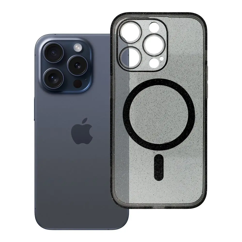 Ovitek za iPhone 14 PRO Clear Mag Cover (STR / CAMERA PROTECTION), združljiv z MagSafe, črn z bleščicami