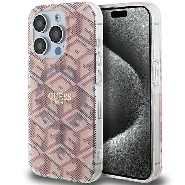 GUESS ovitek za iPhone 15 Pro Max, združljiv z MagSafe, GUHMP15XHGCUSTGP (IML GCUBE), roza