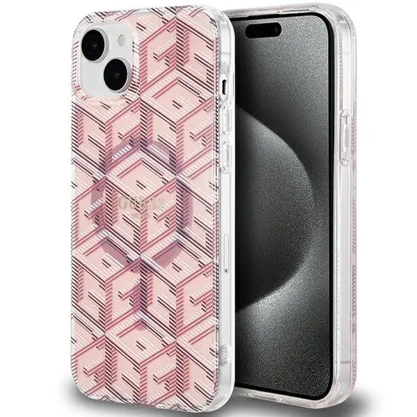 GUESS etui za iPhone 15, združljiv z MagSafe, GUHMP15SHGCUSTGP (IML GCUBE), roza