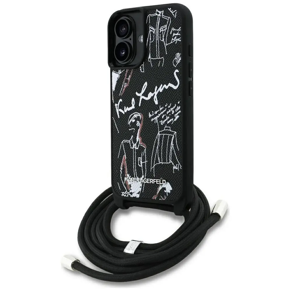 KARL LAGERFELD ovitek za IPHONE 16 KLHCP16SPGGRMPCK, združljiv z MagSafe (CRSSBY Grained PU z vzorcem in logotipom), črn