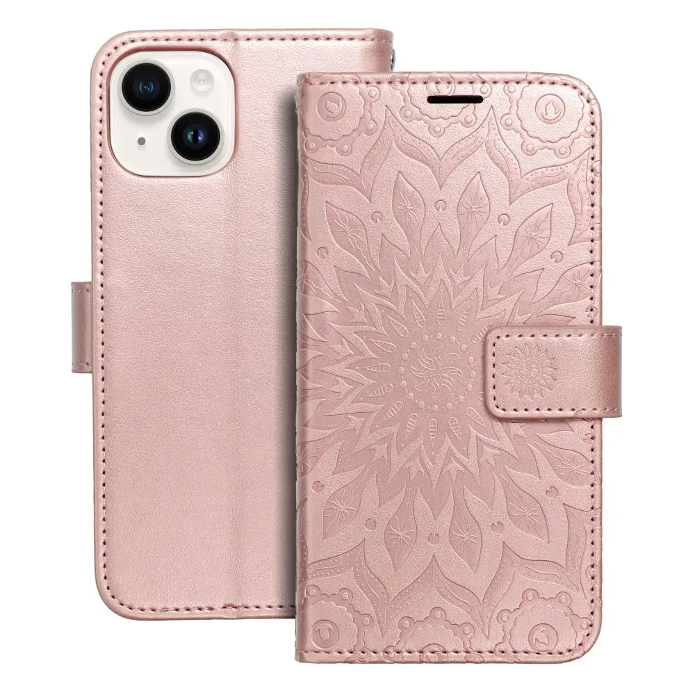 Torbica MEZZO Book za iPhone 14, mandala, zlato-roza