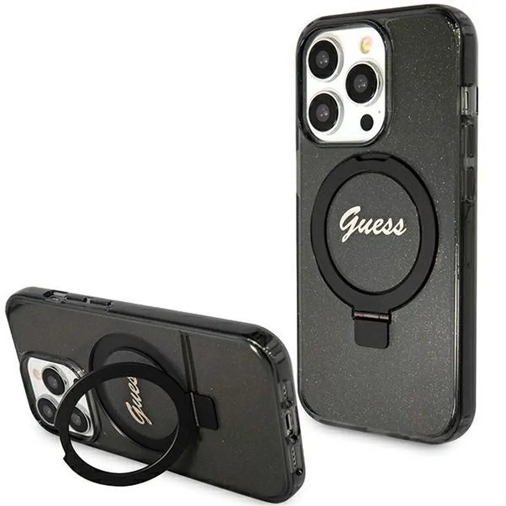 GUESS ovitek za iPhone 15 Pro Max, združljiv z MagSafe, model GUHMP15XHRSGSK za iPhone 15 Pro Max (združljiv z MagSafe / logotip Glitter Script / stojalo v obliki obroča / črn)
