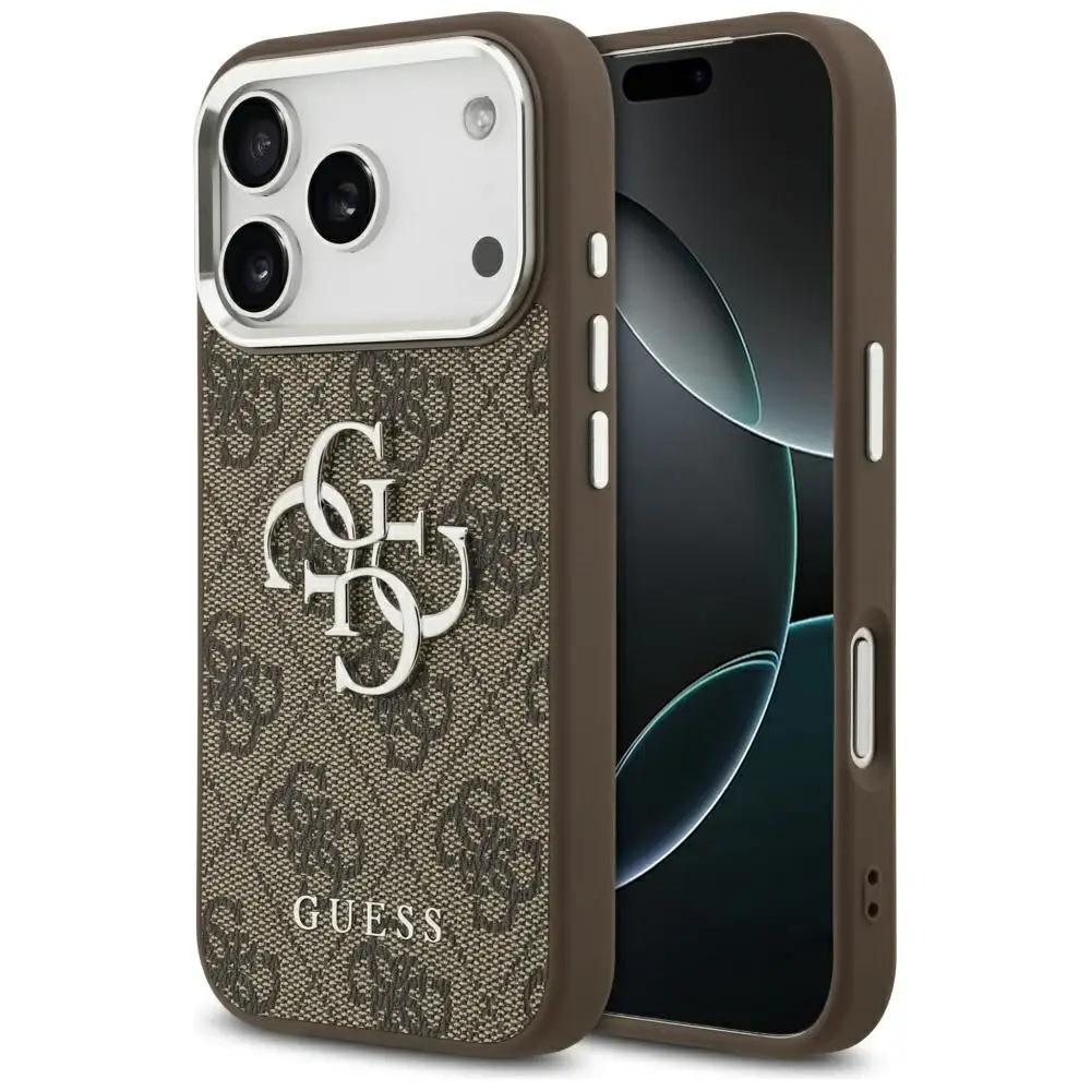 GUESS ovitek za iPhone 17 Pro GUHCP17LP4G4SMCW (ovitek iz PU usnja z velikim simbolom 4G in klasičnim logotipom ter srebrnim kovinskim okvirjem za kamero) rjav
