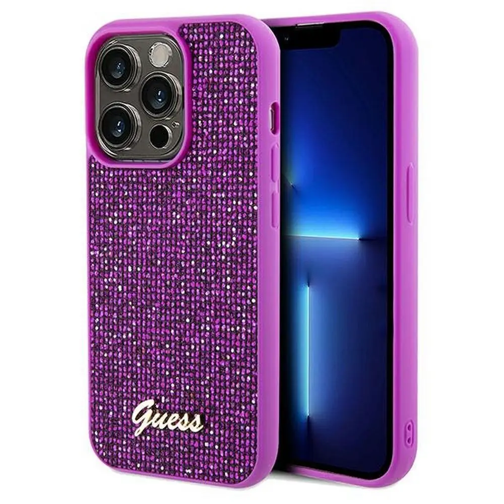 GUESS ovitek za iPhone 14 Pro GUHCP14LPMSDGSF (Disco Script Metal) fuksija