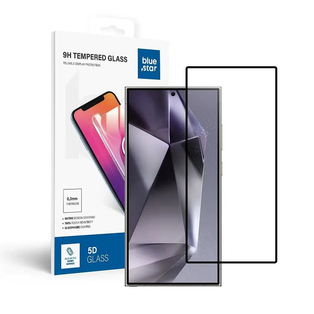 Kaljeno steklo za Samsung Galaxy S25 ULTRA (popolno lepljenje / združljivo z ovitki / delujoč bralnik) Blue Star 5D črno