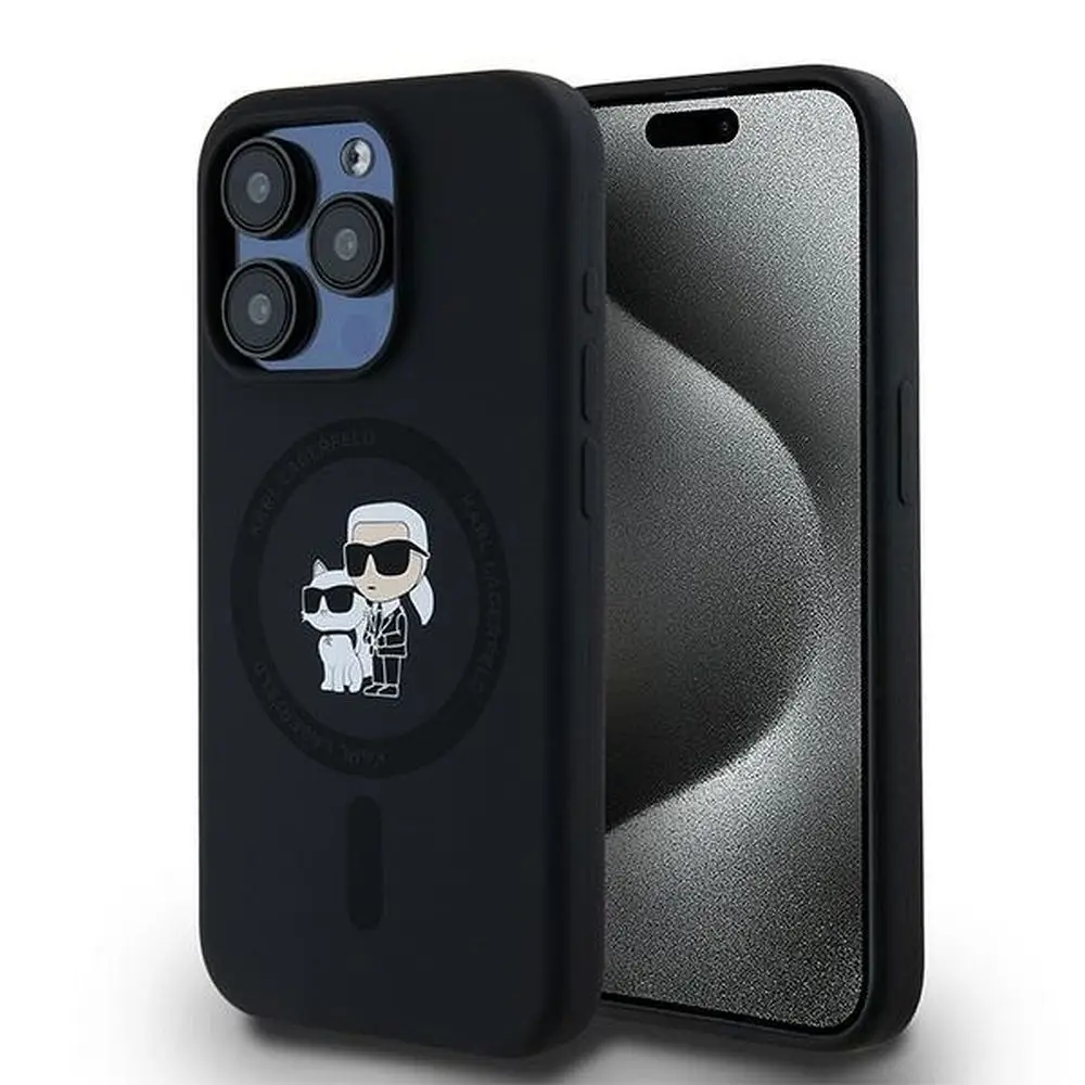 KARL LAGERFELD ovitek za iPhone 15 Pro, združljiv z MagSafe, KLHMP15LSCMKCRHK (Silicone KC Body Ring), črn