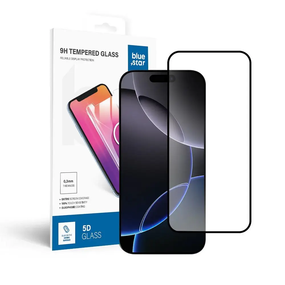 Kaljeno steklo za iPhone 16 PRO MAX / 17 PRO MAX (s celotnim lepljenjem) Blue Star 5D, črno