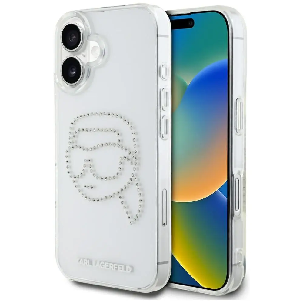KARL LAGERFELD ovitek za iPhone 16 KLHCP16SHKHDCELT (IML Rhinestones K Head), prozoren