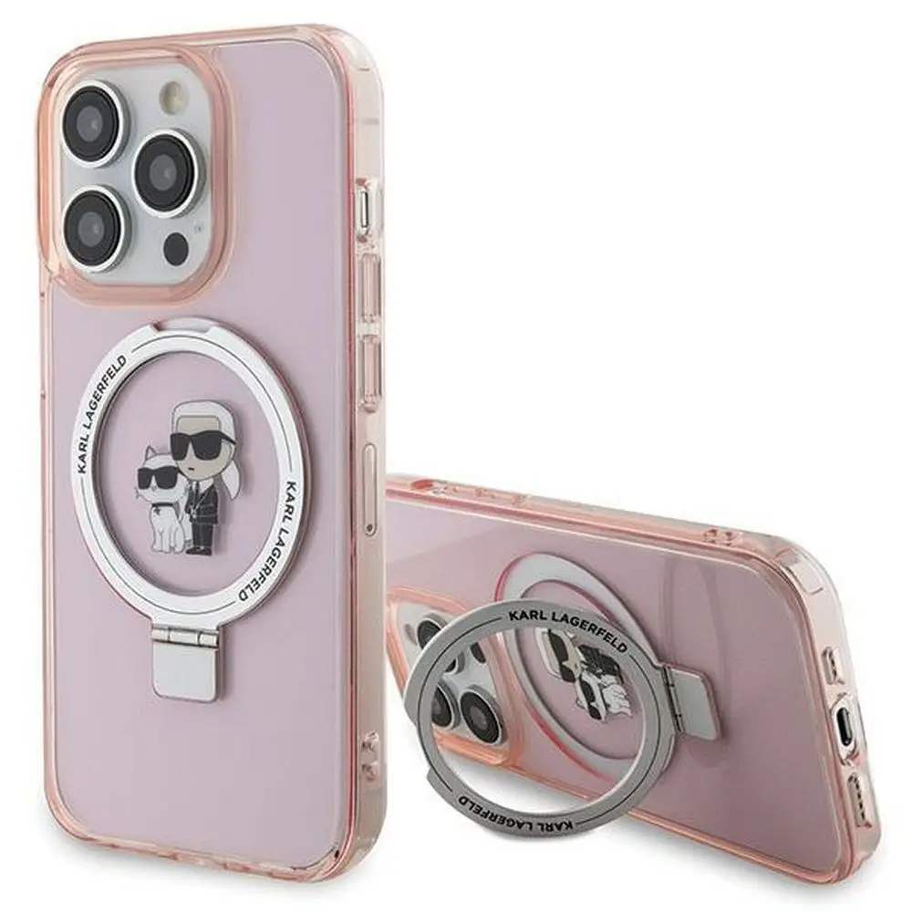 KARL LAGERFELD ovitek za iPhone 15 Pro, združljiv z MagSafe KLHMP15LHMRSKCP (Ringstand KC), roza