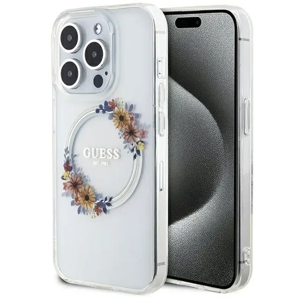 GUESS etui za iPhone 15 Pro Max, združljiv z MagSafe, GUHMP15XHFWFCT (Flowers Wreath), prozoren