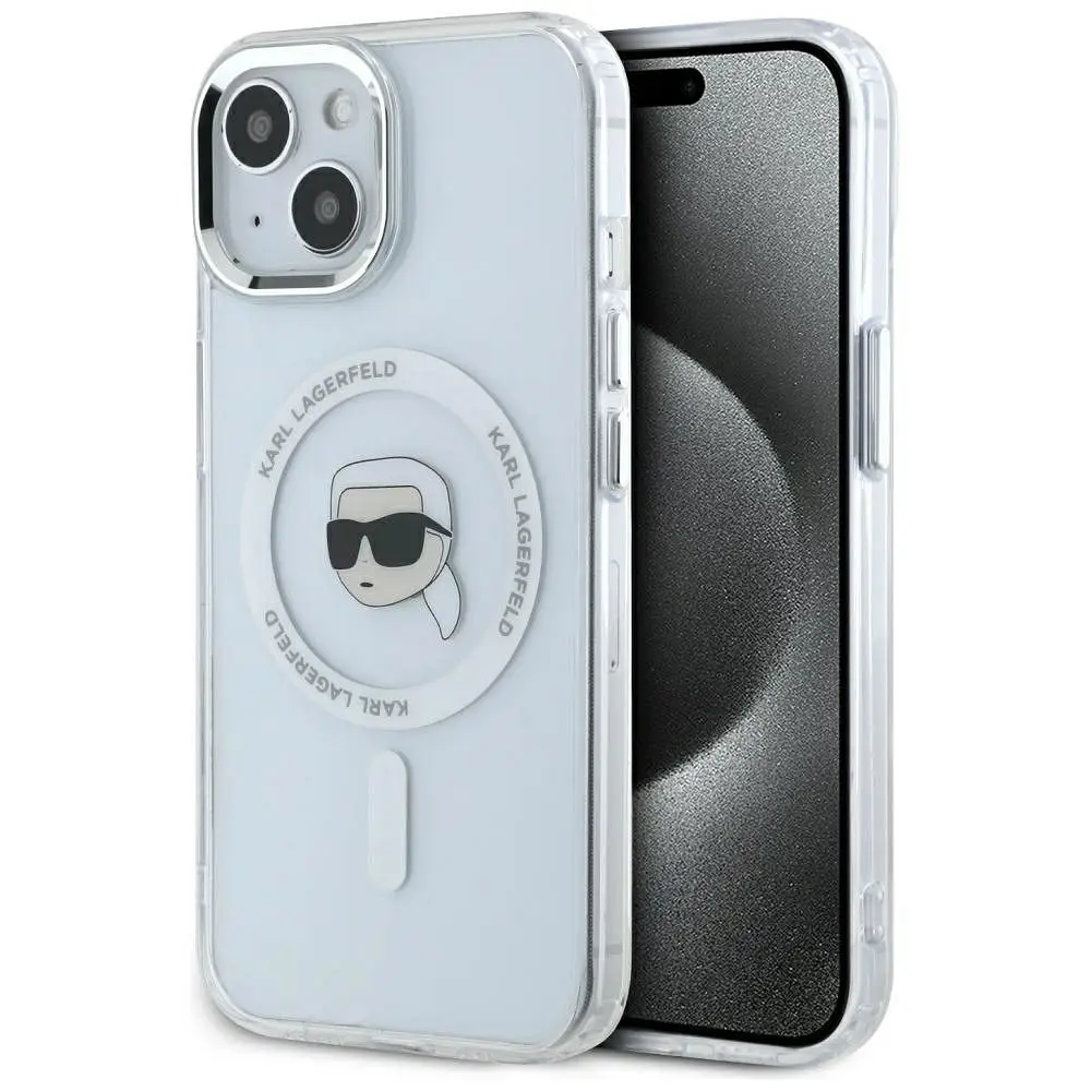 KARL LAGERFELD ovitek za IPHONE 15, združljiv z MagSafe, KLHMP15SHLSKIH (IML Metal K Head), bel