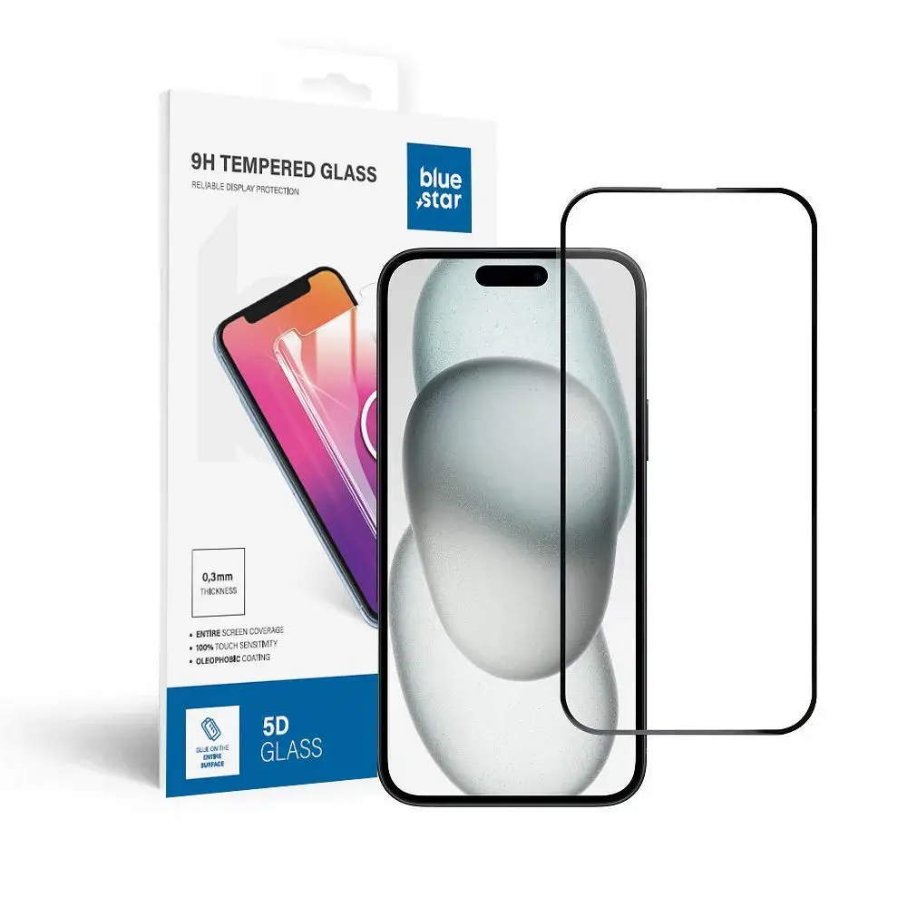 Kaljeno steklo za iPhone 15 PLUS / 16 PLUS (full glue) Blue Star 5D, črno