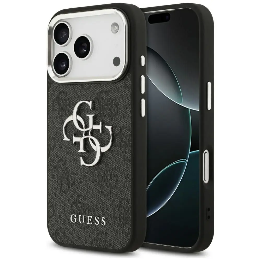 GUESS ovitek za IPHONE 17 Pro GUHCP17LP4G4SMCK (ovitek iz PU usnja z velikim napisom 4G, klasičnim logotipom in srebrnim kovinskim okvirjem za kamero) črn