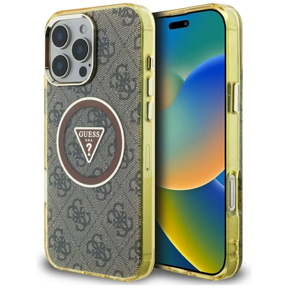GUESS etui za IPHONE 16 Pro, združljivo z MagSafe, GUHMP16LHG4PRTGW (IML Metal Glitter 4G Circle Triangle), rjavo