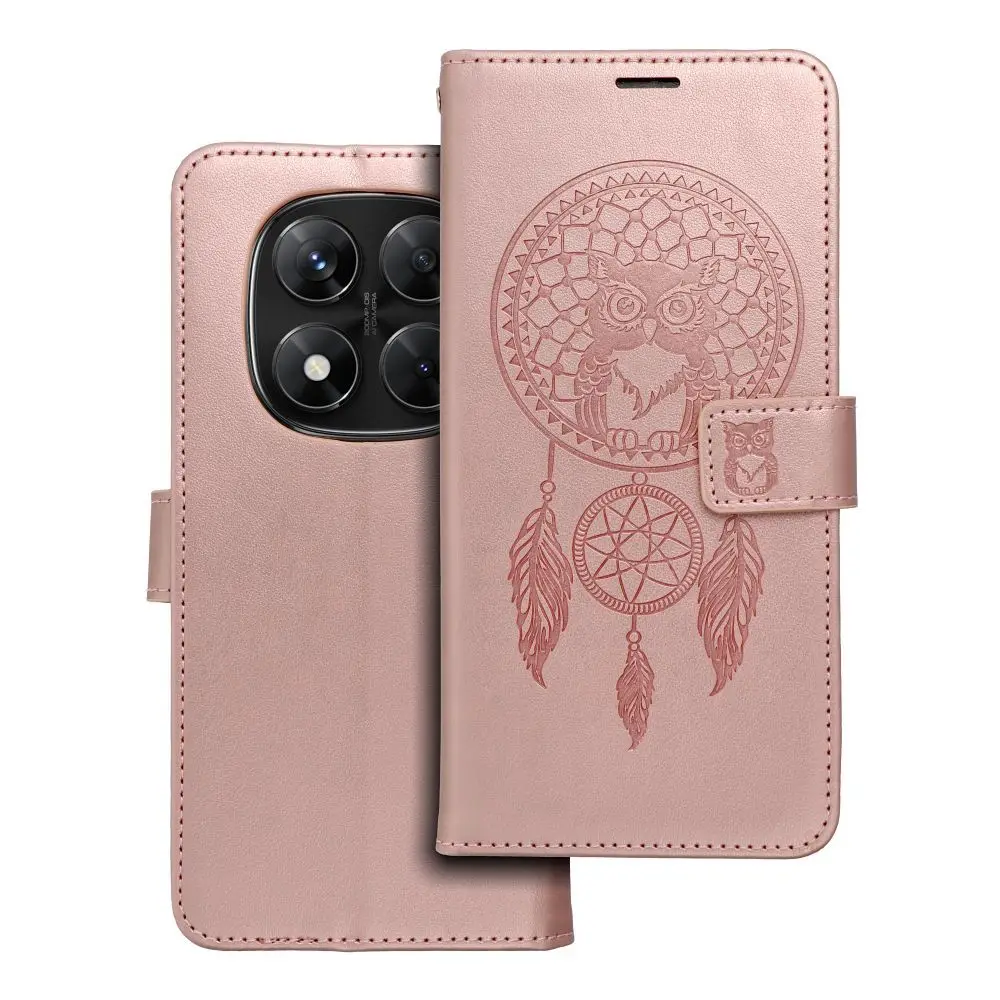 Torba MEZZO Book za XIAOMI Redmi Note 14 PRO 5G / 14 PRO PLUS 5G, zlato-roza, z motivom lovilca sanj