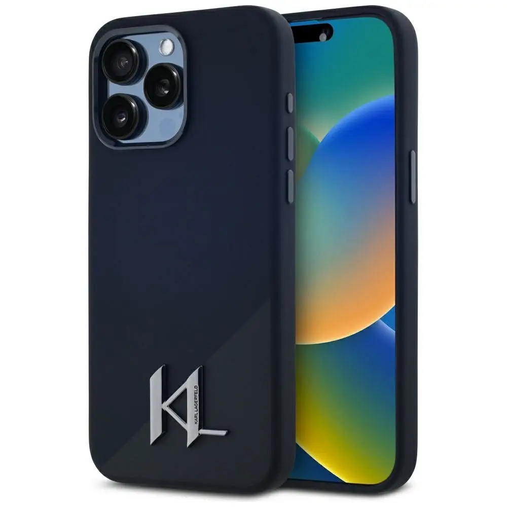 KARL LAGERFELD etui za iPhone 15 Pro Max, združljiv z MagSafe KLHMP15XSCMKMPCK (silikonski z logotipom v kovinski barvi) črn