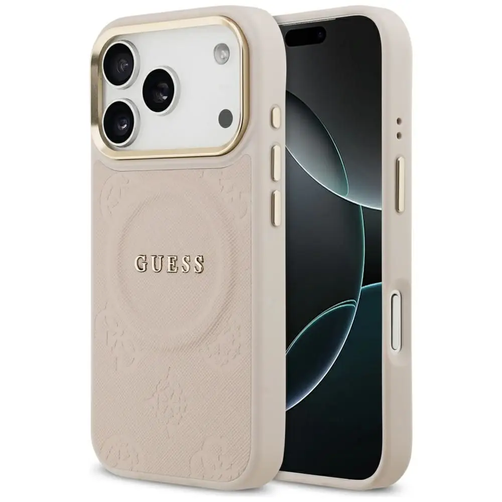 GUESS etui za iPhone 17 Pro, združljivo z MagSafe, GUHMP17LPSAMSECP (PU z vročim tiskanjem Peony Hot Stamp), roza