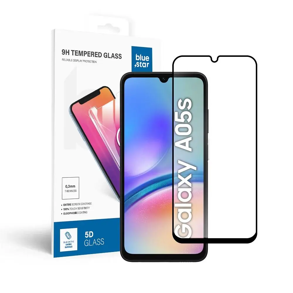 Kaljeno steklo za Samsung Galaxy A05s (popolno lepljenje / združljivo z ovitki) Blue Star 5D, črno