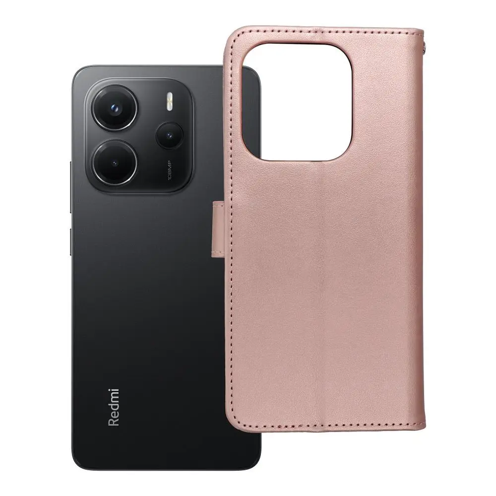 Torba MEZZO Book za XIAOMI Redmi Note 14 4G (GLOBAL – 164,84 mm x 78,15 mm x 8,16 mm) v zlato-roza barvi z motivom medvedka
