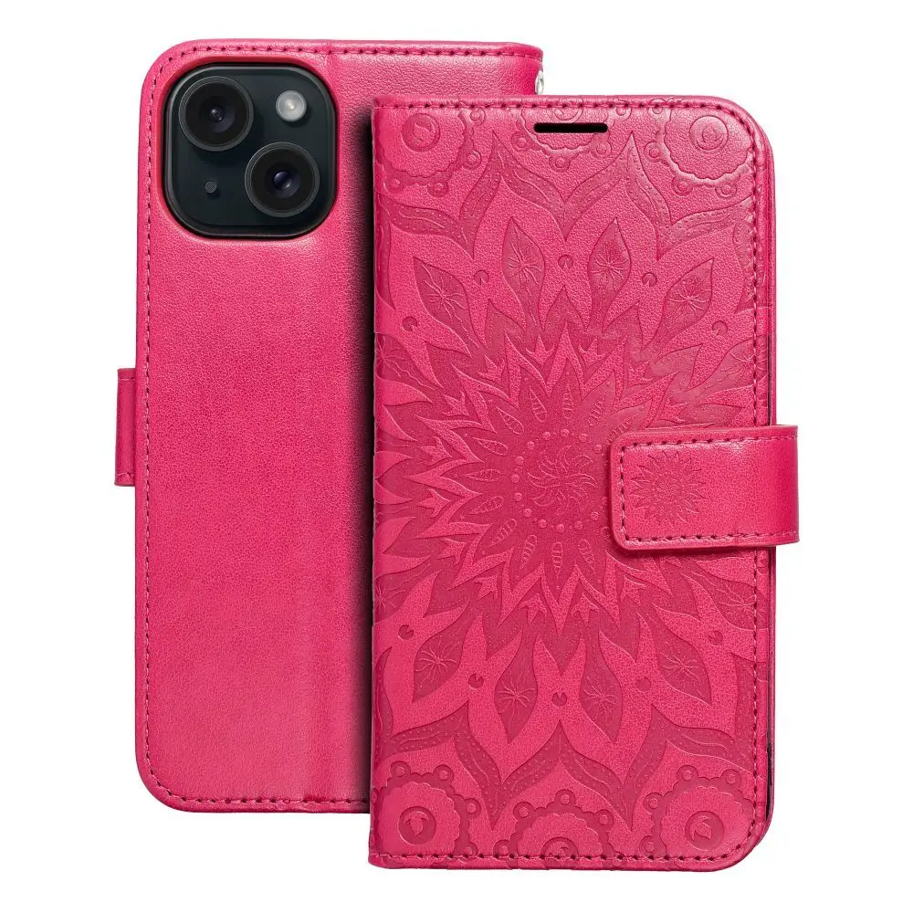 Torbica MEZZO Book za iPhone 15, mandala, magenta
