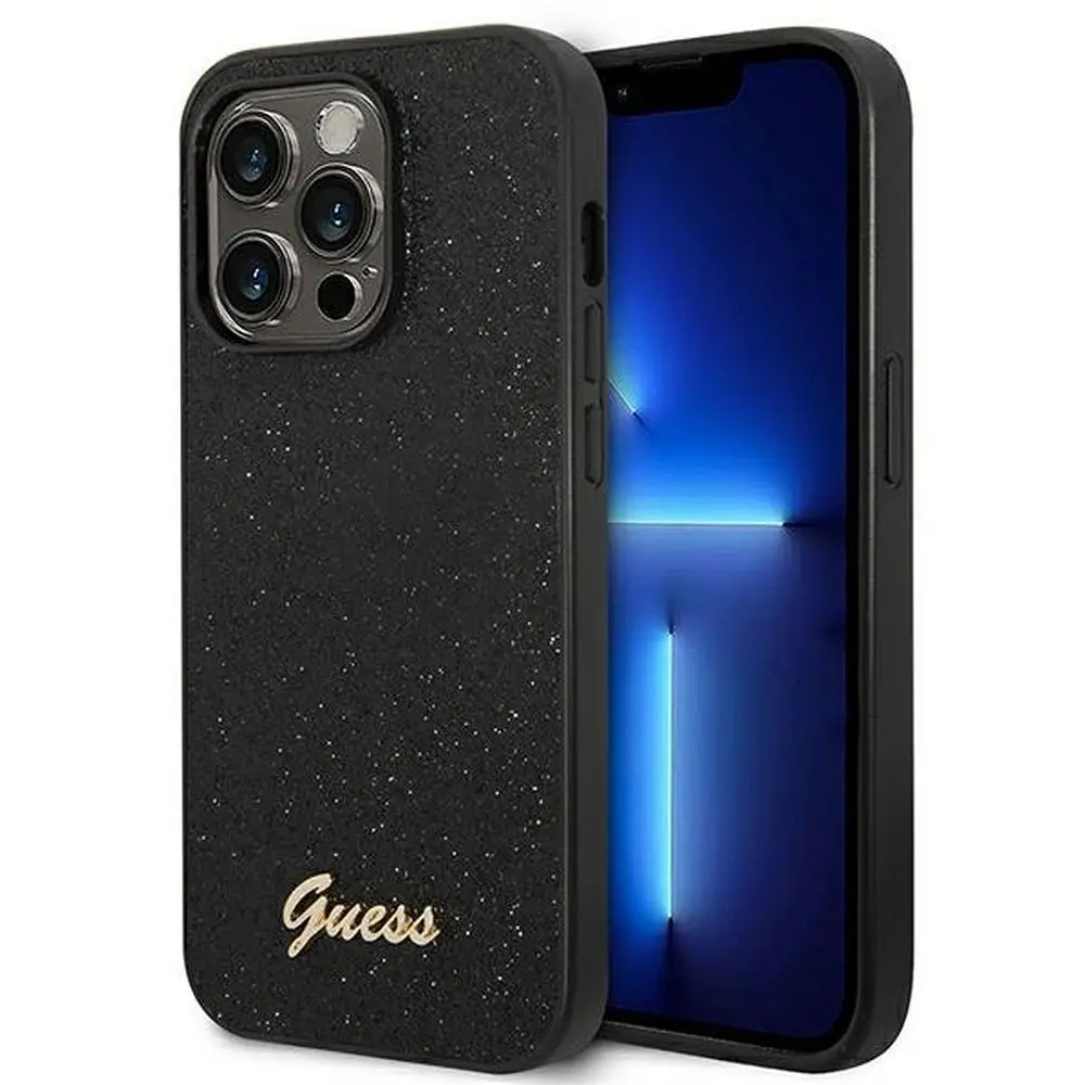 GUESS etui za iPhone 14 Pro GUHCP14LHGGSHK (Glitter Flakes Script Metal Logo) črno