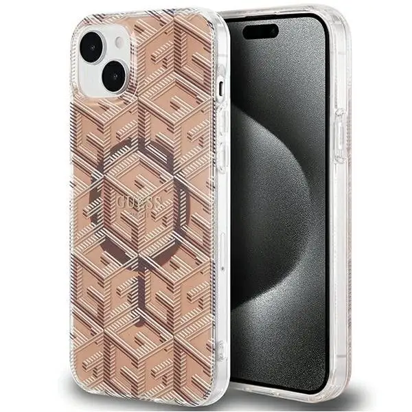GUESS etui za iPhone 15, združljiv z MagSafe, GUHMP15SHGCUSTGW (IML GCUBE), rjavo