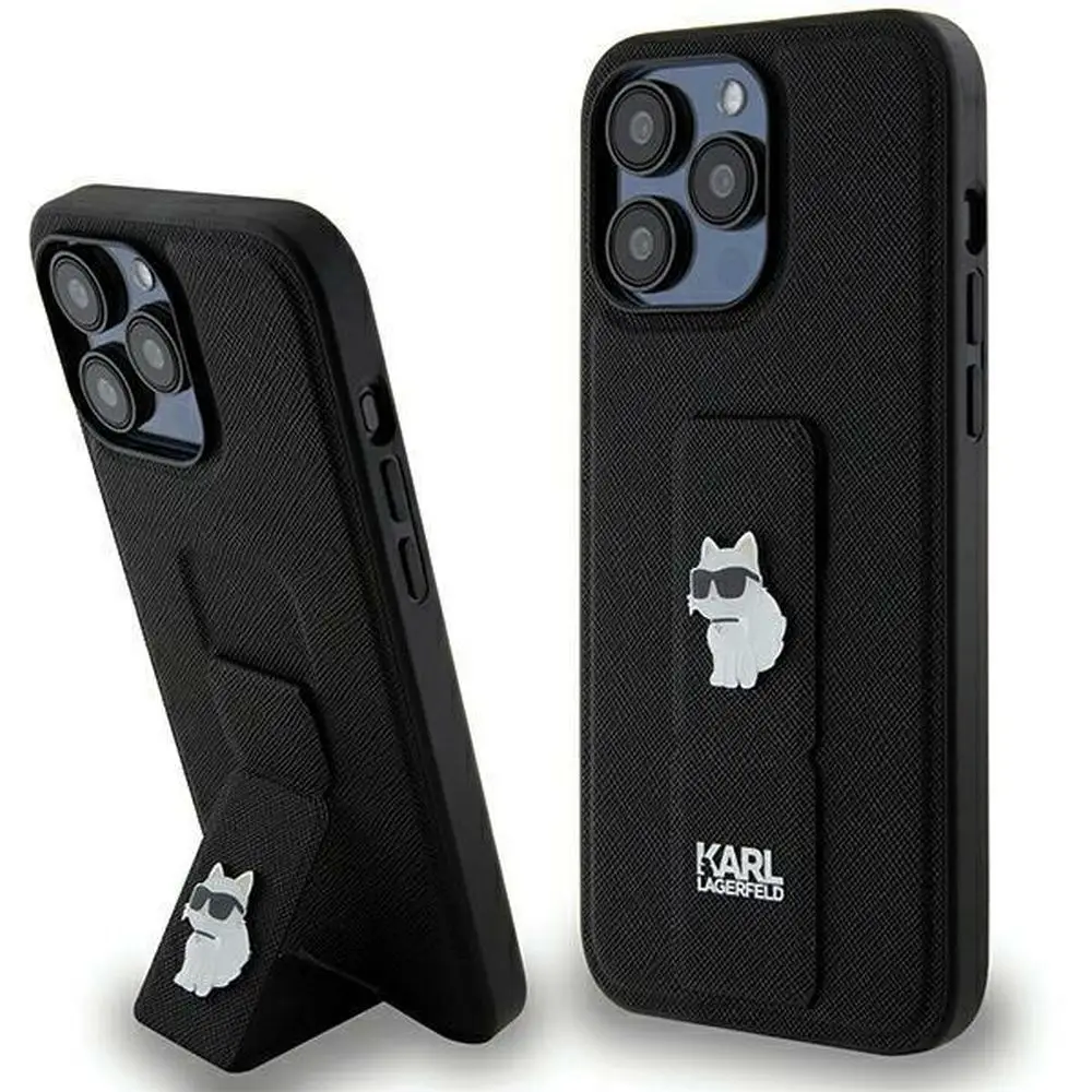 KARL LAGERFELD etui za iPhone 13 Pro Max KLHCP13XGSACHPK (Gripstand Saffiano choupette PIN) črn
