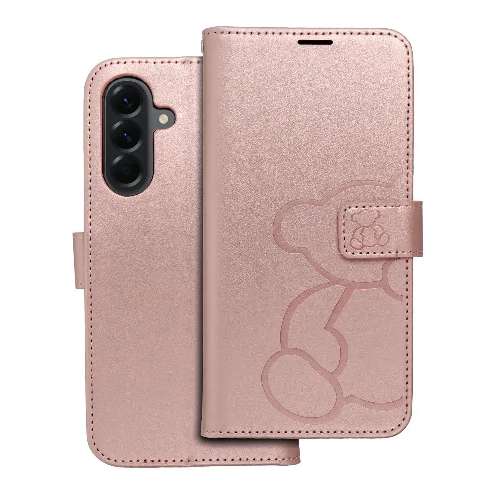 Torba MEZZO Book za SAMSUNG A56 5G, motiv medvedka, zlato-roza