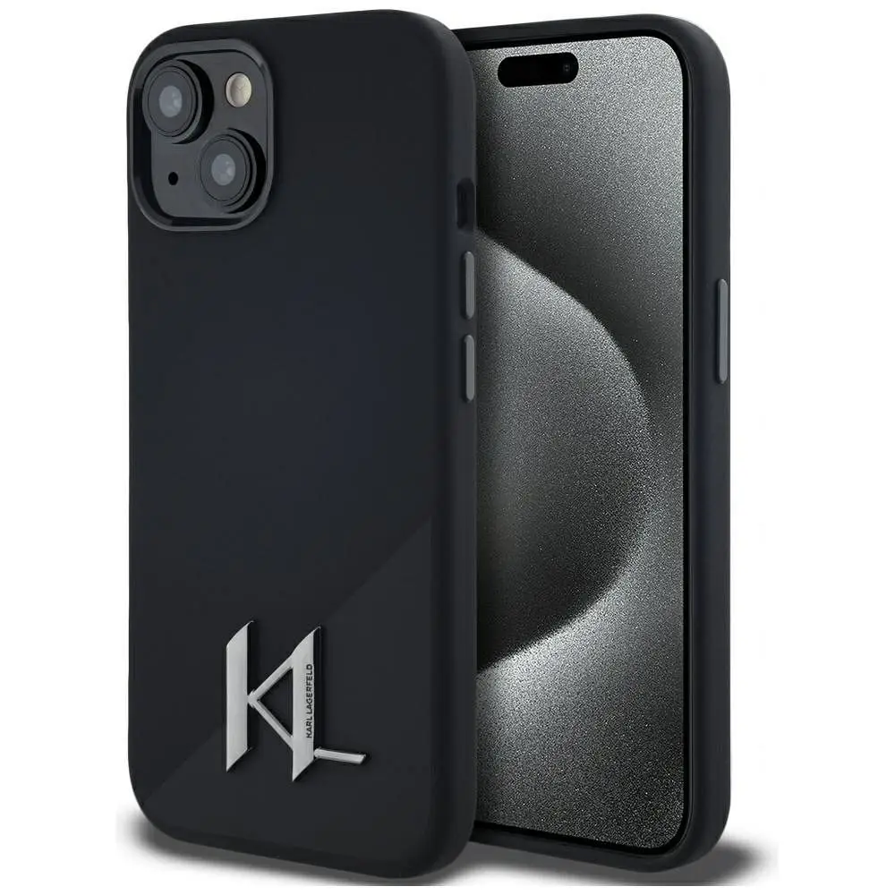 KARL LAGERFELD etui za IPHONE 15, združljiv z MagSafe, KLHMP15SSCMKMPCK (Silicone Initial Metal Logo), črn